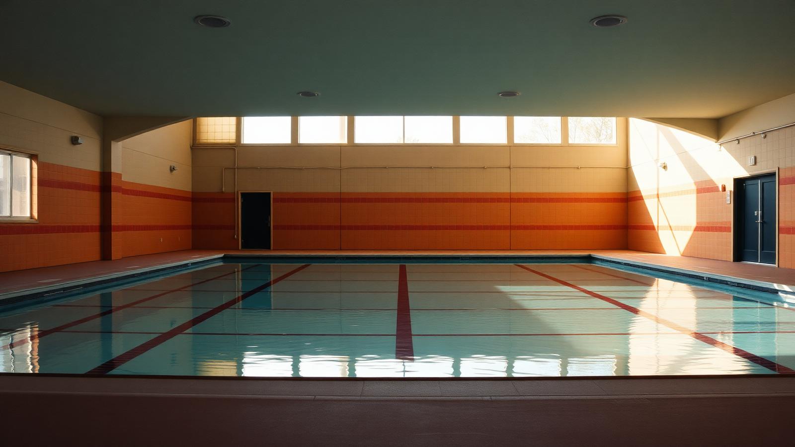 Sunlit community pool interior, empty in the early morning
